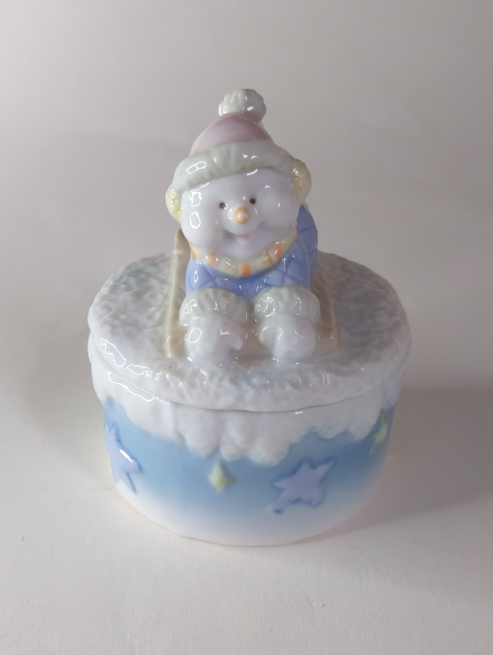 Ceramic Snowman Trinket Box — Pastel Blue & White